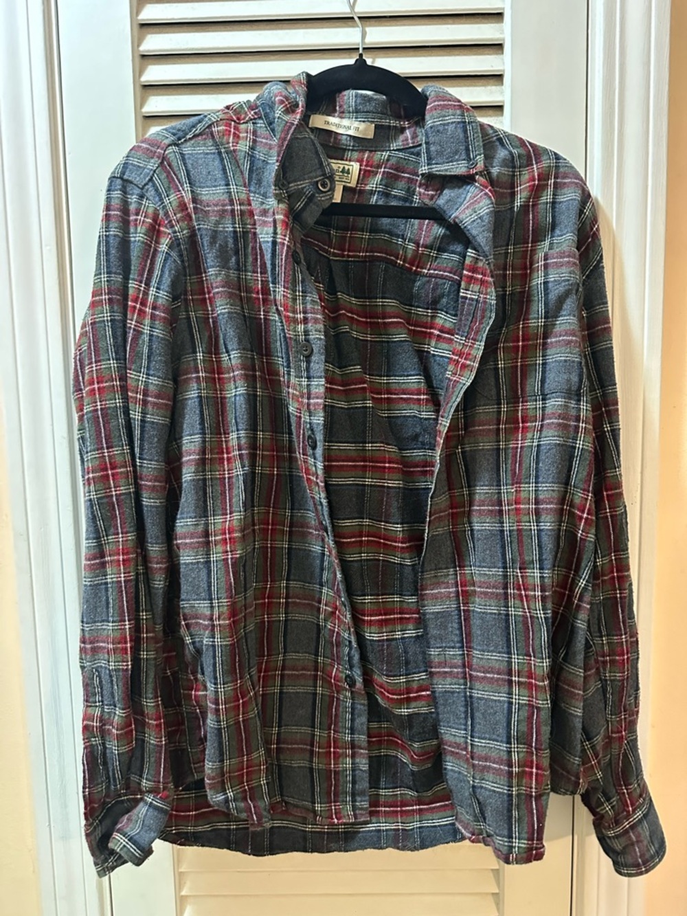 L.L. Bean Gray Plaid Flannel Shirt with Red Accents
